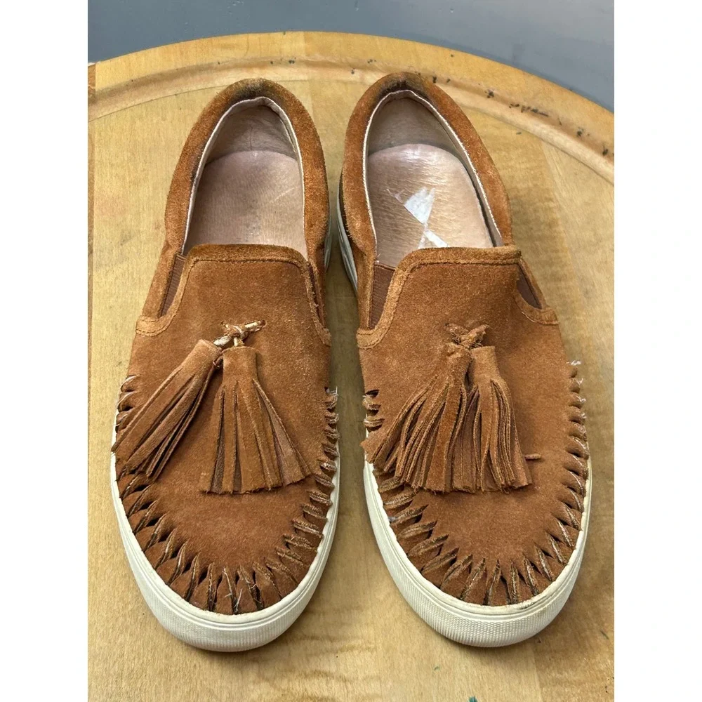 J/Slides NYC Sneakers Womens 6 Brown Suede Tassel‎ Slip On Whipstitch Platform